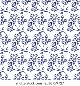 Flower sketch seamless pattern. Hand drawn vector illustration. Blue pen or marker drawing. Primitive kids picture