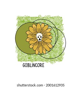 Flower with a skull. Chamomile with a human skull. Calligraphy vector. Ink illustration. Goblincore style