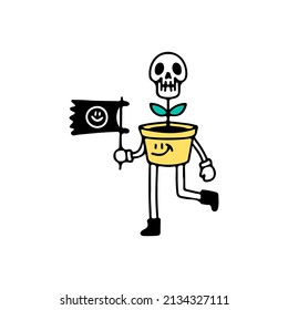 Flower skull character holding flag, illustration for t-shirt, street wear, sticker, or apparel merchandise. With doodle, retro, and cartoon style.