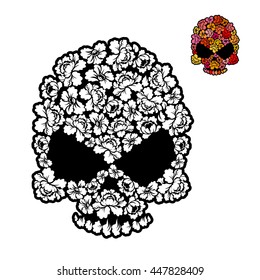 Flower skull coloring book. mexican Head skeleton of rose petals for coloring.
