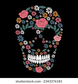 Flower skull. The day of the Dead . Skull isolated on black background.