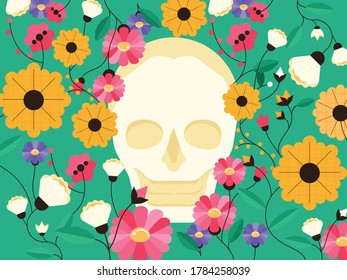 Flower and skull, death and life concept vector illustration in flat style 