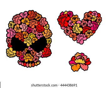 Flower skull. Love, Heart of roses. Beautiful flowers. Collection of romantic illustration. Set for Valentines Day.

