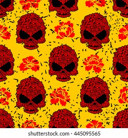 Flower skull seamless pattern in grunge style. Skull flowers petals ornament. Texture of skeleton head
