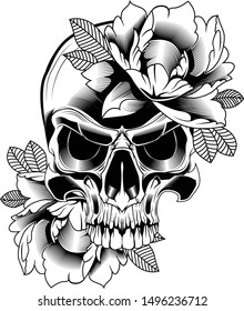 Flower Skull vector illustration black and white