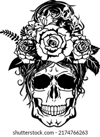 Vector de cráneo de flor, Eps de camiseta de cráneo rosa, ilustración de cabeza malvada, diseño de mujer, tatuaje halloween halloween gif hembra halloween