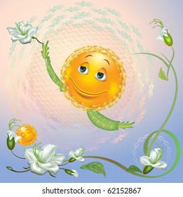 The flower with a smile in the form of a dandelion plays with other colors