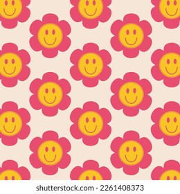 flower and smile seamless pattern Funny happy daisy vector illustration