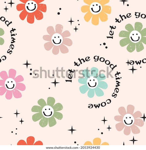 Flower Smiley Face Good Vibes Let the Good Vibes Come Wallpaper Background Seamless Pattern Repeat Fashion Textile Stationary Phone Case