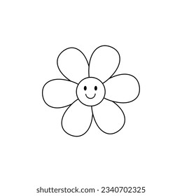 Flower with a smiling face isolated on white background. Vector hand-drawn illustration in doodle style. Perfect for cards, logo, decorations, various designs.