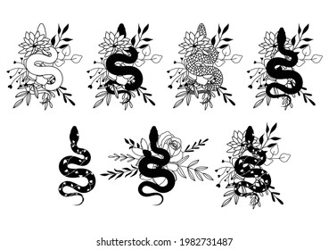 Flower Snake, floral boho snake vector illustration set. Snake on wildflowers svg, tattoo design svg