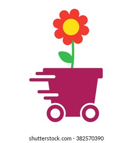 Flower with speed effect on the wheels. Flower delivery flat vector icon on white background