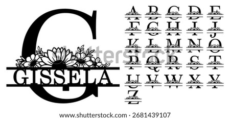 Flower Split Monogram Alphabet Letters Family Name Sign Laser Cut Files, Floral Font Vector Design Set A-Z  