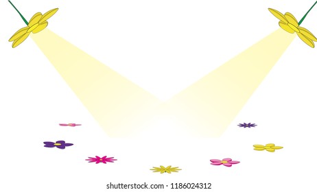 Flower spotlights with yellow light and circle of flowers on white background