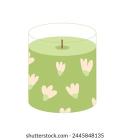 flower spring aroma candle. Handmade scented candlelight isolated in white background. Hygge time. Aromatherapy and relaxation home decor. Vector flat illustration.