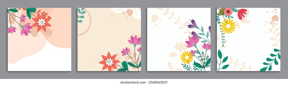 Flower spring card clipart poster set. Flowers drawing in abstract square background for greetings, invitation and wallpaper clip art collection. Vector illustration floral editable background. 
