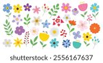 Flower spring clipart colorful set. Spring flowers drawing collection like daisy, tulip, jonquil, daffodil, chamomile and crocus clip art graphic elements. Vector illustration floral flat design. 
