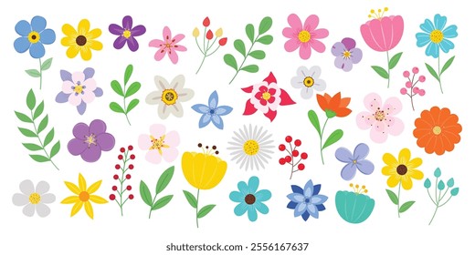 Flower spring clipart colorful set. Spring flowers drawing collection like daisy, tulip, jonquil, daffodil, chamomile and crocus clip art graphic elements. Vector illustration floral flat design. 
