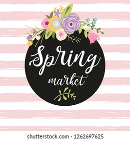 Flower spring composition text black circle shape Spring Market Botanical garden invitation pink stripped background Hand drawn flower for printing promotions advertising banner Vector illustration.