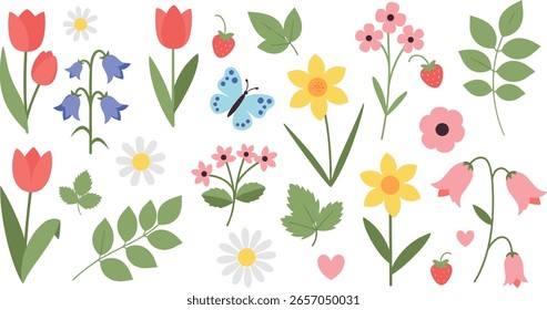 flor, primavera, lindo, garabato, icono, plano, mano, jardín, hoja, flor, niños, follaje, vintage, verde, dibujado, hoja, flor silvestre, Vector, botánico, floral, conjunto, dibujo, pegatina, verano, Pascua, Illus