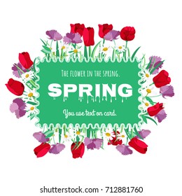 The flower in spring. Flower design with red tulip, purple carnation and white daisy is vector for card 