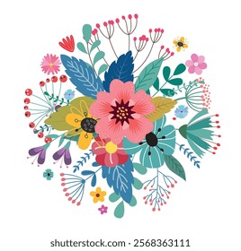 Flower spring drawing clipart. Spring flowers bouquet clip art in watercolor, multicolored and colorful bunch of flat floral decoration elements. Vector illustration flora bouquet card.
