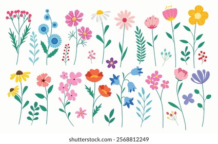 Flower spring drawing clipart set. Spring flowers colorful clip art like daisy, tulip, jonquil, narcissus, daffodil, chamomile, bluebell and crocus flat flora elements. Vector illustration floral 