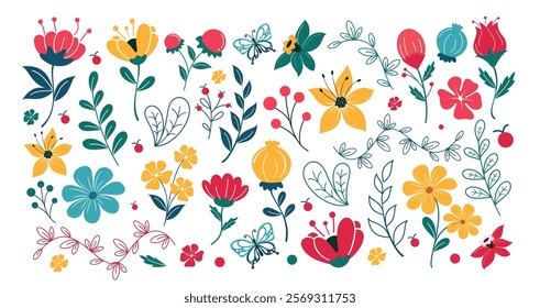 Flower spring drawing clipart set. Colorful flowers clip art with butterfly, leaves and berries floral flat collection for holiday decorative design. Vector illustration hand drawn flora design.
