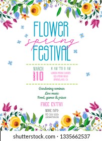 Flower spring festival announcing poster template. Text customized for invitation to event. Garden party layout with fancy flowers in folk painting style. Vector illustration.