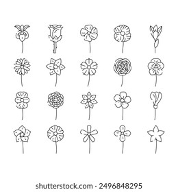 flower spring floral blossom icons set vector. nature leaf, garden summer, design plant, abstract petal, tulip, shape decoration flower spring floral blossom black contour illustrations