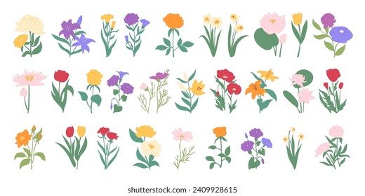 Flower spring. Floral frame drawing, pink, yellow and purple, summer cartoon botanical isolated elements, nature vintage floral set, love beautiful bouquets, grass and leaf. Vector garish illustration