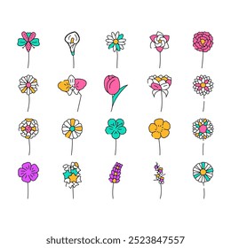 flower spring floral nature icons set vector. blossom summer, silhouette garden, abstract petal, plant shape, leaf minimal flower spring floral nature color Contour Illustrations