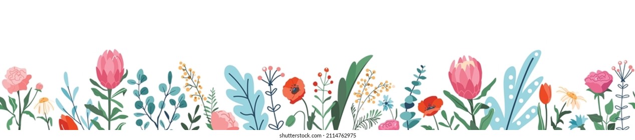 Flower spring seamless border vector illustration background. Floral bloom and leaf elements in horizontal banner in modern cartoon flat style. Isolated on white