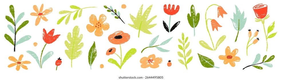 Blume Frühling Vektor Garten niedlichen Element-Set. Handgezeichnete pastellfarbene Blume, Blatt, Wildblume Gänseblümchen niedliche Elemente mit Buntstiftkreide Textur. Doodle Garten Blumen Pflanze Kind Hintergrund. Vektorgrafik