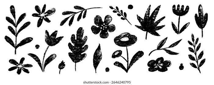 Conjunto de elementos lindos de jardín de Vector de primavera de flores. Dibujado a mano de flores pastel, hojas, flores silvestres Elementos lindos con textura de tiza de crayón. Fondo de niño de planta floral de jardín Doodle. Ilustración vectorial