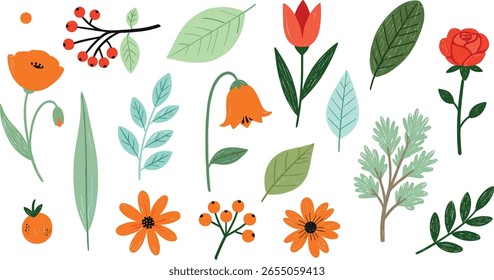 Flower spring vector garden cute element set. Hand drawn pastel flower, leaf, wildflower daisy cute elements with crayon chalk texture.