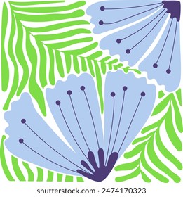 Flower square arrangement, composition, print isolated on white background. Blue flowers with tropical leaves in hand draw doodle style. Flat design.Vector illustration. Wildflowers.