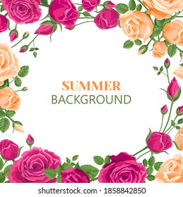 Banner cuadrado de flores. Fondo blanco. Roses, brotes y hojas sobre un fondo claro de estilo retro con espacio de copias. Color rosa, rojo, violeta, naranja, flor de rosas. Colores brillantes saturados