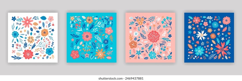 Flower square compositions set. Aesthetic cards with floral pattern. Boho provence style print collection. Use for rsvp wedding invitations, notebook, diary, notepad covers. EPS 10 vector illustration