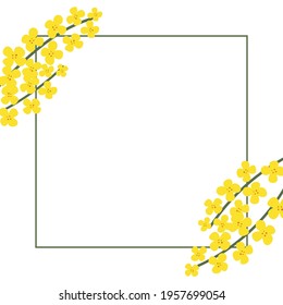 Flower square frame made of rapeseed. Hand-drawn floral border with copy space. Yellow cartoon canola branch, greeting card template, invitations, design element. All objects are isolated.