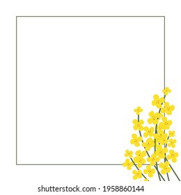 Flower square frame made of rapeseed. Hand-drawn floral border with copy space. Yellow cartoon canola branch, greeting card template, invitations, design element. All objects are isolated.