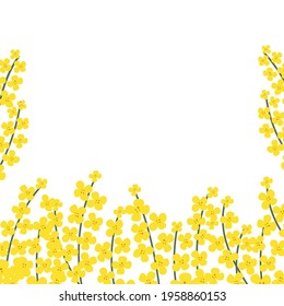 Flower square frame made of rapeseed. Hand-drawn floral border with copy space. Yellow cartoon canola branch, greeting card template, invitations, design element. All objects are isolated.