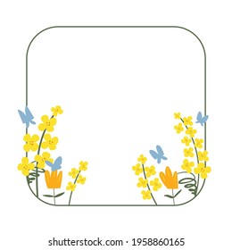 Flower square frame made of rapeseed. Hand-drawn floral border with copy space. Yellow cartoon canola branch, greeting card template, invitations, design element. All objects are isolated.