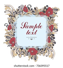 Flower square frame, vector background, banner, floral border, wreath, vintage ornament. Abstract colorful flowers, petals, stem, leaves, curls and label for text isolated on white background