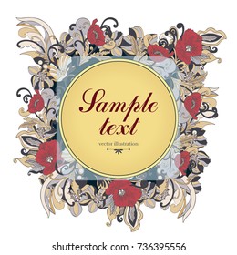 Flower square frame, vector background, banner, floral border, wreath, vintage ornament. Abstract colorful flowers, petals, stem, leaves, curls and round label for text isolated on white background