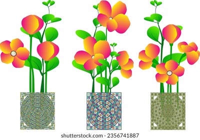  Flower in Square Vase Set 3 Pictures Vector Illustration use for art job, etc.