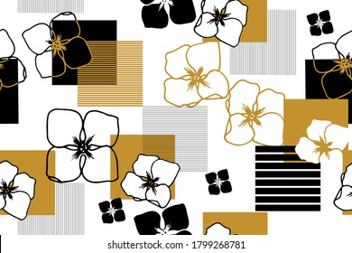 Los anillos y los cuadrados forman un patrón moderno y sin fisuras. Hydrangea Viburnum en flor. Ilustración de los vectores negro, dorado y blanco dibujado a mano