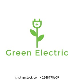 flower stalk green electric plug-in with leaf vector icon logo design template for friendly natural resources