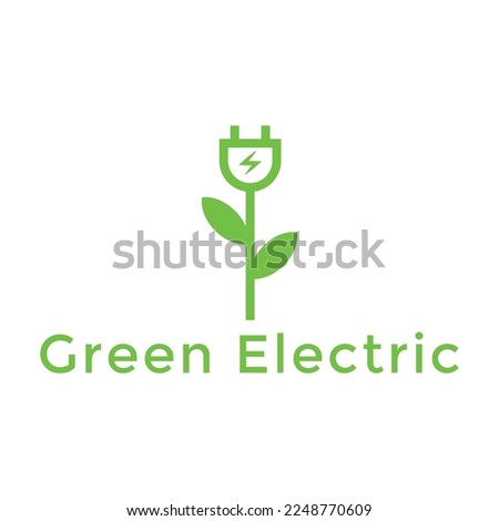 flower stalk green electric plug-in with leaf vector icon logo design template for friendly natural resources