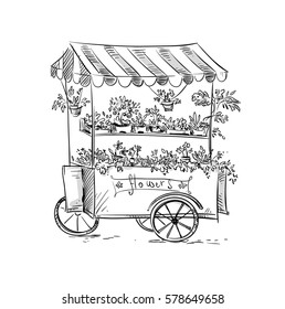 Flower stall, Florist cart. Vector illustration